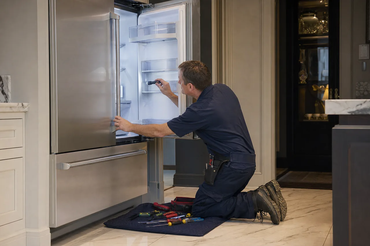 Technician repairing a built-in refrigerator mid-repair