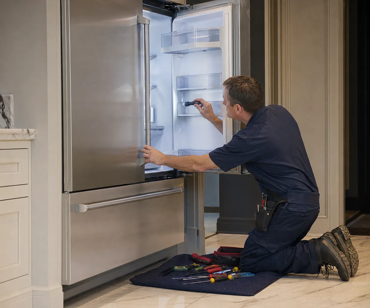 Technician repairing a built-in refrigerator
