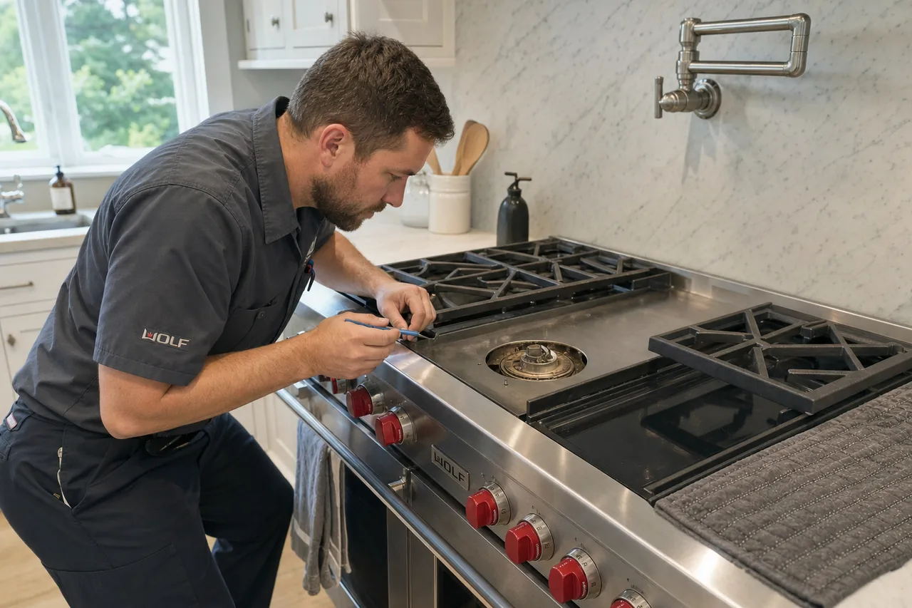 Technician servicing a stainless Wolf range