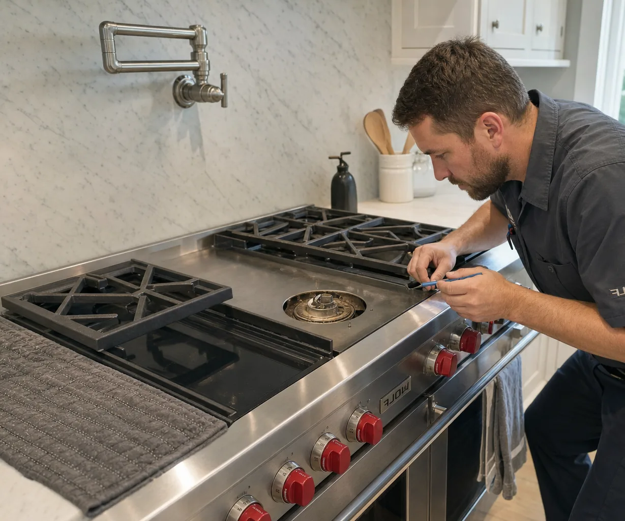 Technician servicing a stainless Wolf range mid-repair